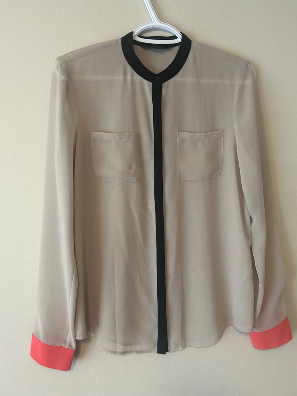 Armani Exchange Beige Sheer Button-Down Blouse with Black Trim and Coral Cuffs